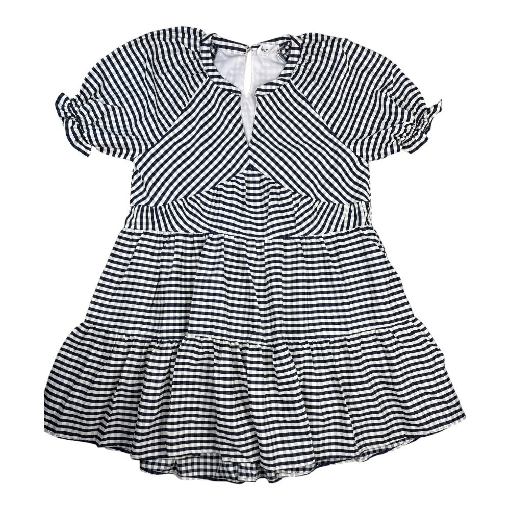 &merci Womens Navy White Gingham Puff Sleeve Tiered V-Neck Dress Large Summer